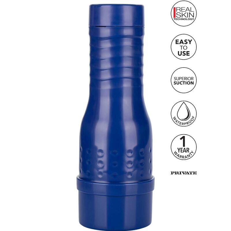 Blue PRIVATE Tube masturbator with real skin technology, waterproof feature, easy to use, superior suction, and 1-year warranty.