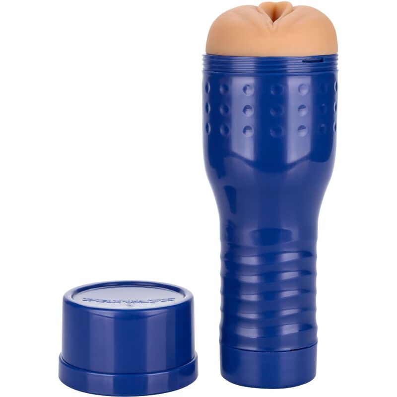 Blue PRIVATE Julia de Lucia pornstar pussy masturbator with realistic opening and ribbed structure, lid off.
