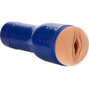Realistic blue tube male masturbator with skin-toned opening and ribbed texture for enhanced pleasure.
