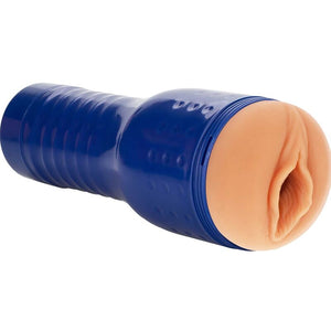 Realistic light skin masturbator with blue grip handle.