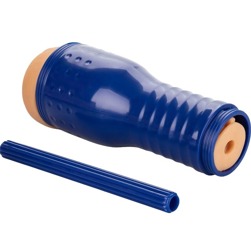 Realistic blue masturbator toy with skin-tone sleeve and cap.