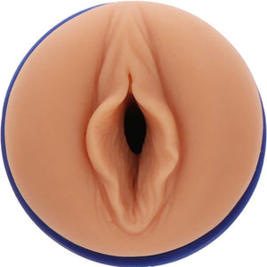 Realistic pornstar masturbator with light skin tone and blue trim, designed to replicate an intimate experience.