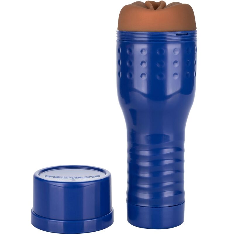 Blue Romy Indy masturbator with cap, designed for satisfaction and realism.