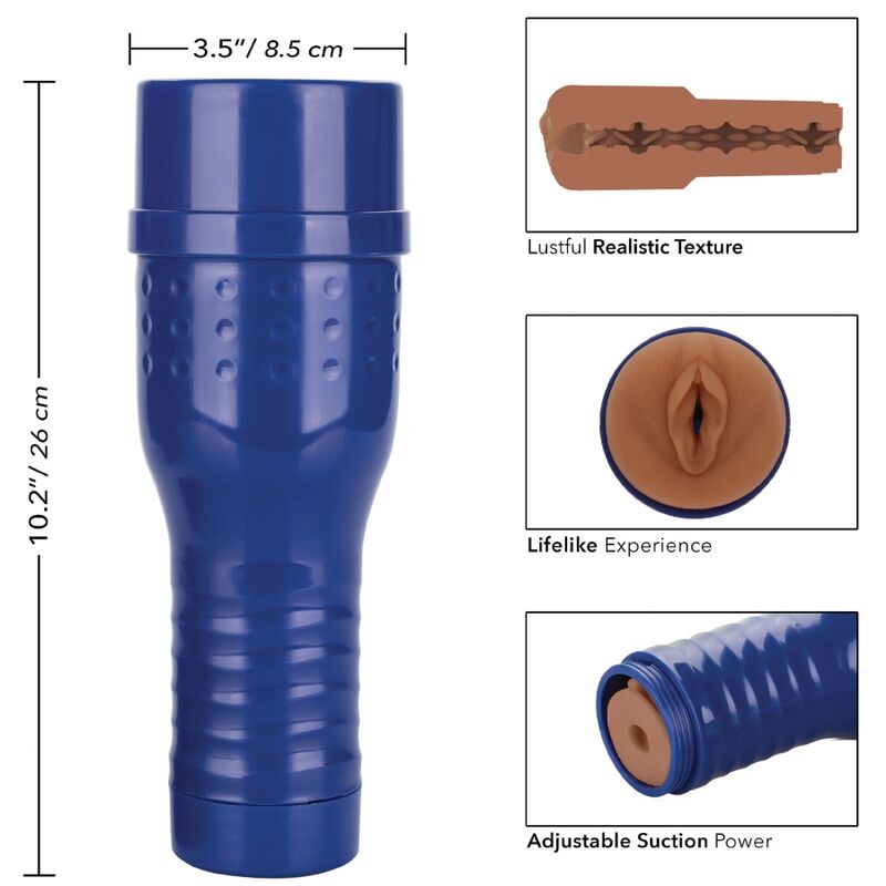 Blue Romy Indy pornstar masturbator with realistic texture and lifelike design, adjustable suction, and dimensions 3.5” x 10.2”.