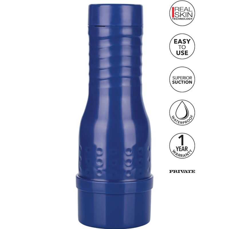 Blue Private Romy Indy Pussy Masturbator with Real Skin technology, easy-to-use, superior suction, waterproof, 1-year warranty.