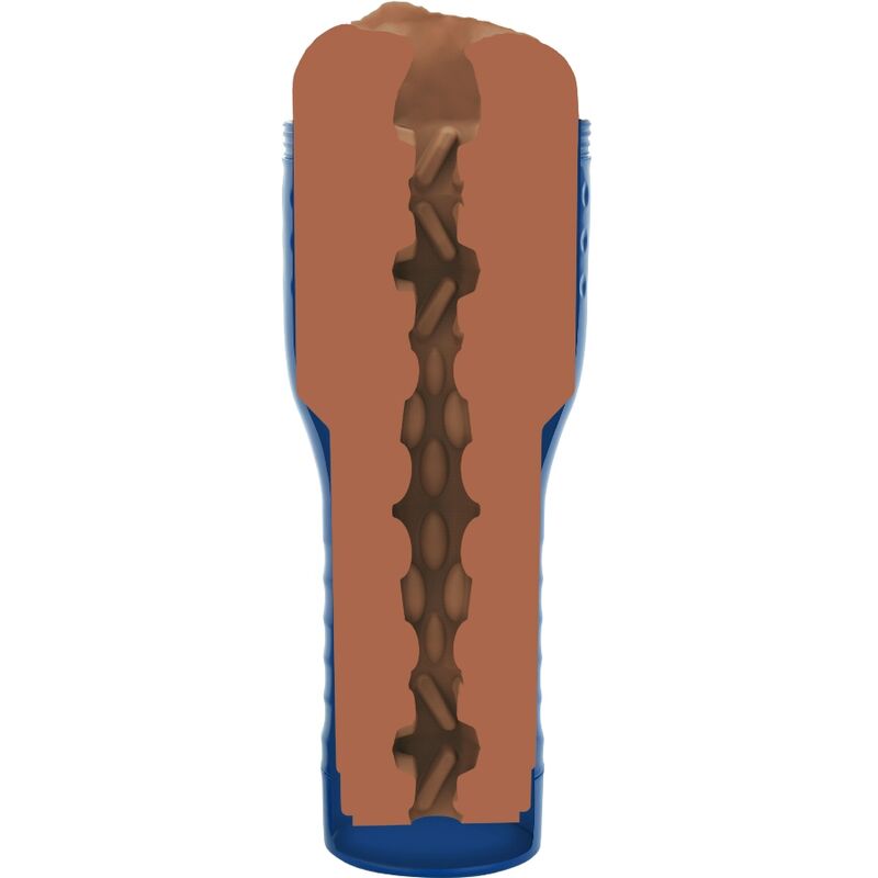Cutaway view of a realistic textured masturbator sleeve in blue casing