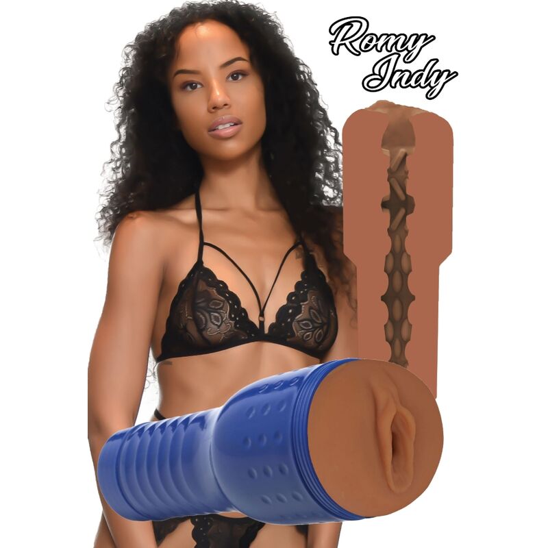 Romy Indy masturbator with realistic texture and blue casing, featuring an image of a model in black lingerie.