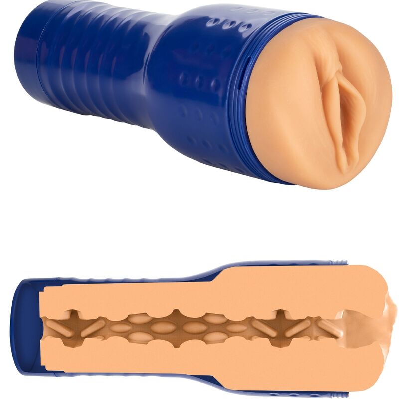 Realistic Gabi Gold pornstar pussy masturbator with skin-colored texture, featuring tight vaginal orifice and blue exterior casing.