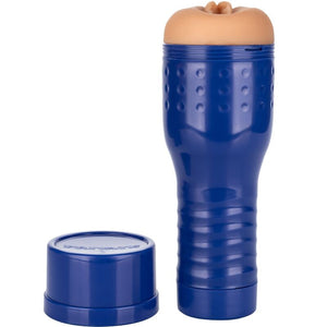 Blue realistic pussy masturbator designed for sensational stimulation with removable cap.