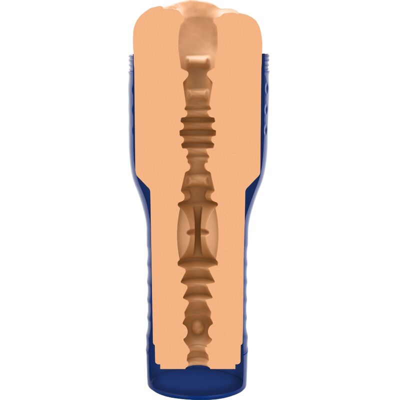 Cutaway view of a realistic pussy masturbator, showing internal textured design for enhanced pleasure.