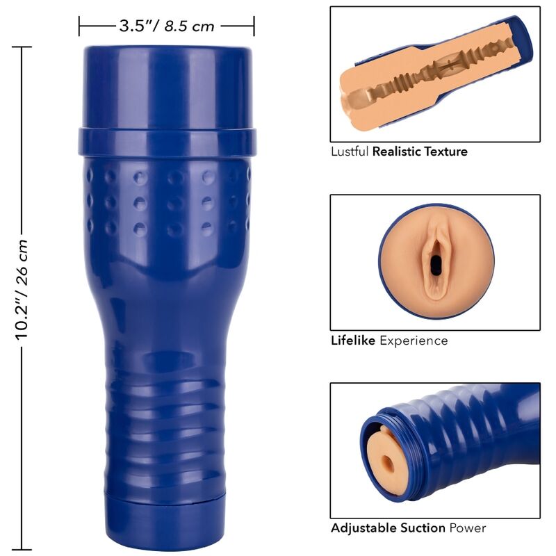 Blue Jolee Love Pornstar Pussy Masturbator with realistic texture and adjustable suction, 10.2 inches tall, for lifelike experience.