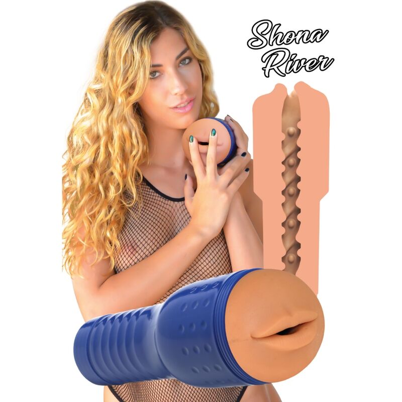 Shona River Mouth Masturbator, realistic design featuring a blonde model, showcasing textured interior and tight fit for enhanced pleasure.