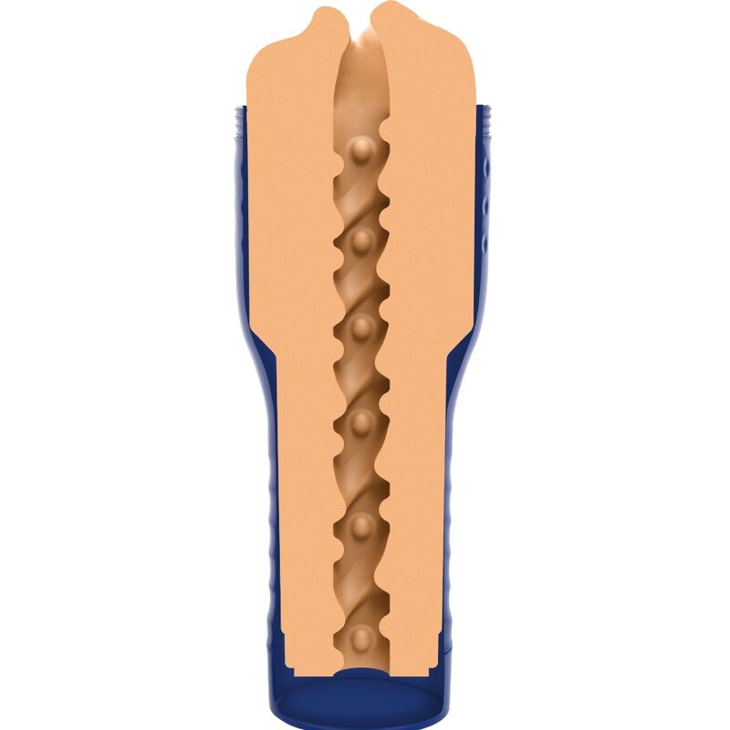 Realistic skin-colored masturbator with detailed interior texture cutaway view for enhanced stimulation