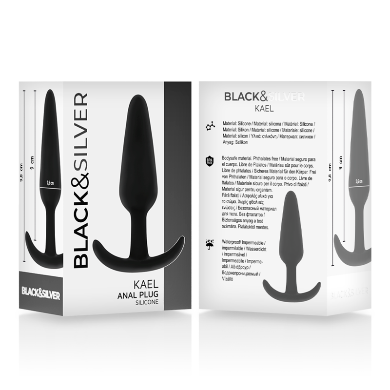 Black&Silver Kael silicone anal plug packaging with medium handle, ideal for beginners and experts in anal play.