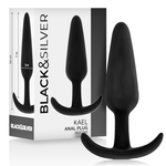 Black&Silver Kael silicone anal plug with medium handle, ideal for beginners and experts, shown with packaging.