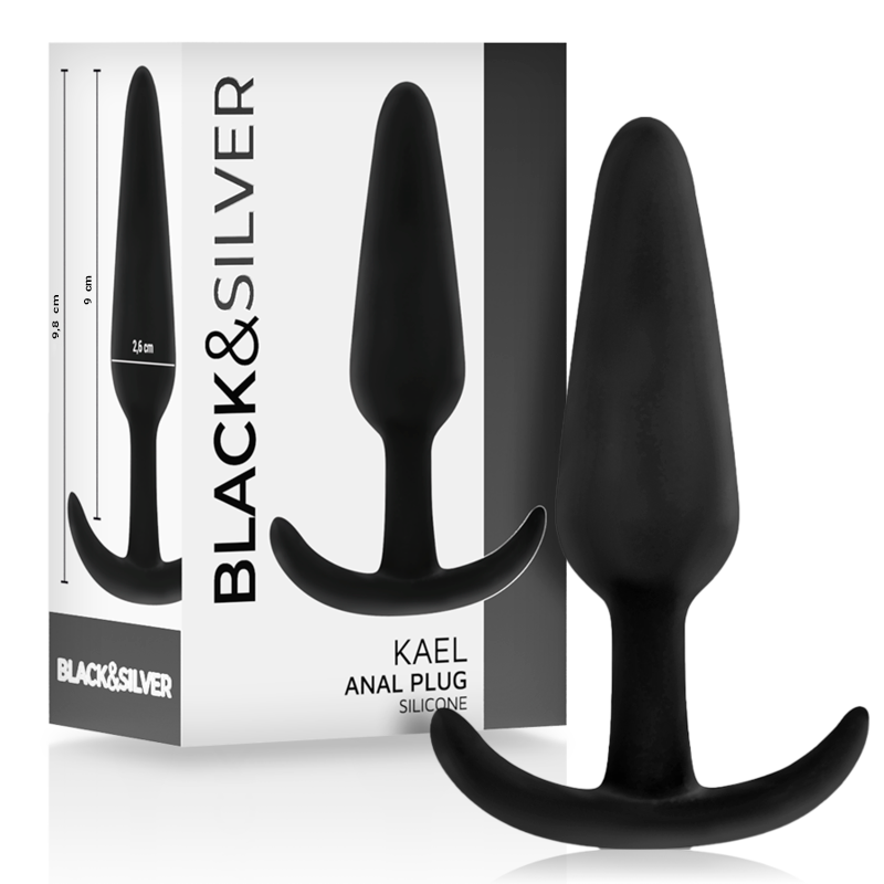 Black&Silver Kael silicone anal plug with medium handle, ideal for beginners and experts, shown with packaging.