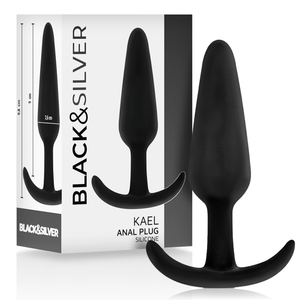 Black&Silver Kael silicone anal plug with medium handle, ideal for beginners and experts, shown with packaging.