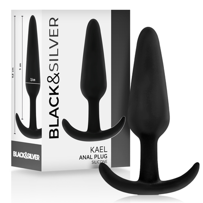 Black&Silver Kael silicone anal plug with medium handle, ideal for beginners and experts, shown with packaging.