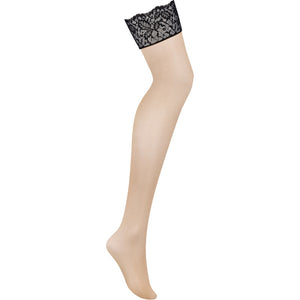 Beige Bellastia stockings with black floral lace trim, designed for XL/XXL size, showcasing stylish and sensual legwear.