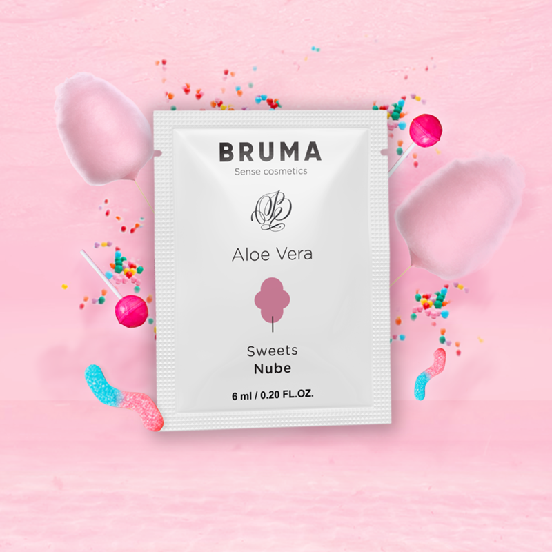 BRUMA Aloe Vera Sliding Gel Sweets Flavor 6 ML product packaging with colorful candy background