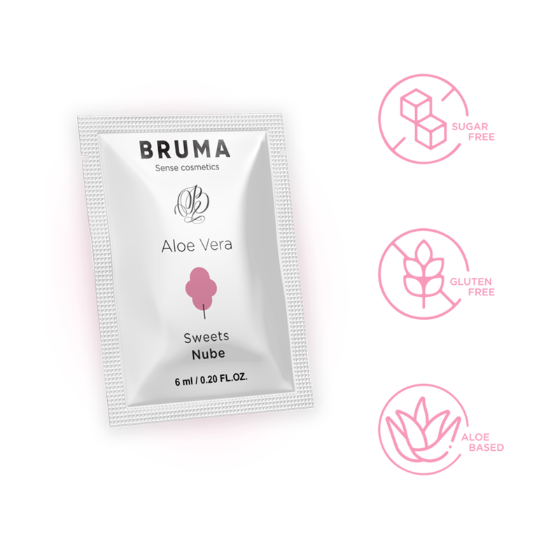 BRUMA Aloe Vera Sliding Gel Sweets Flavor 6ml pack with sugar-free, gluten-free, and aloe-based highlighted benefits.