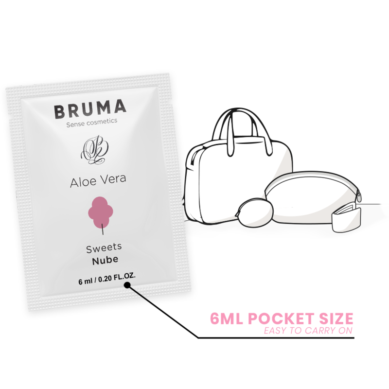 BRUMA Aloe Vera Glide Gel 6ml packet, sweets flavor, compact size for easy carrying, ideal for intimate use, illustrated bag.
