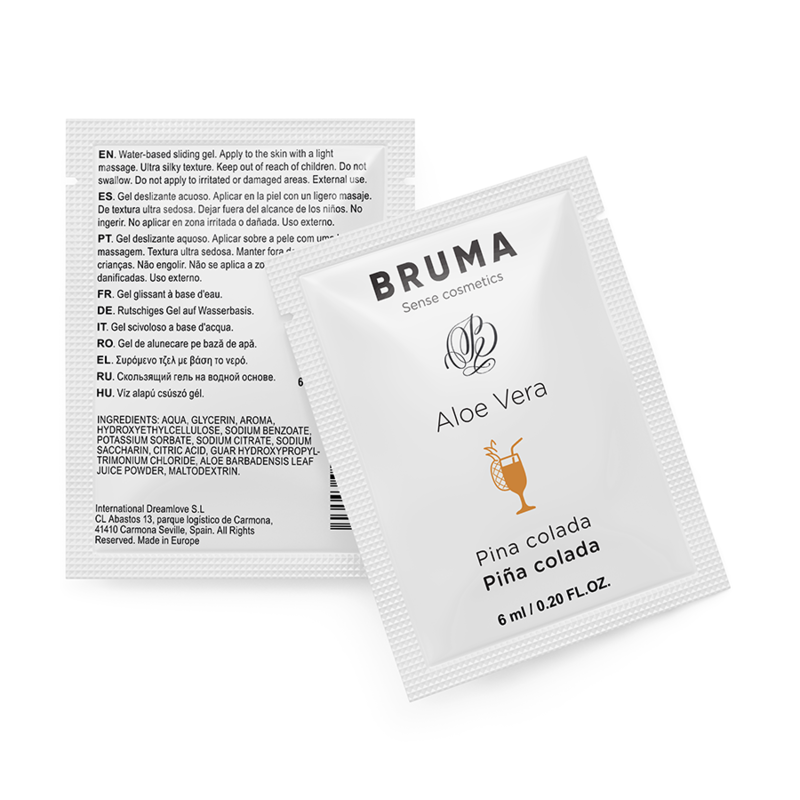 BRUMA Aloe Vera Sliding Gel Pina Colada Flavor 6ml packet with product information on packaging.