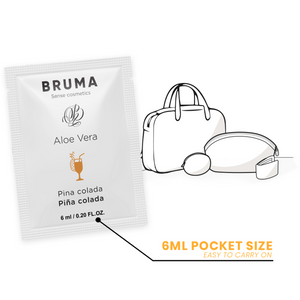 BRUMA Aloe Vera Sliding Gel Pina Colada Flavor 6 ML sachet with handbag illustration, highlighting pocket-sized convenience.