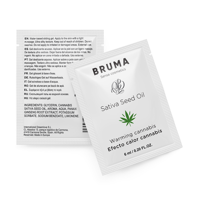 BRUMA Sativa Seed Oil Sliding Gel, Warming Cannabis Flavor, 6 ML sachet packaging