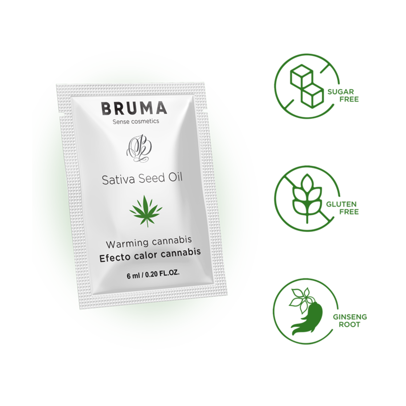 BRUMA Sativa Seed Oil Warming Gel Packet 6ml with Sugar-Free, Gluten-Free, Ginseng Root Icons