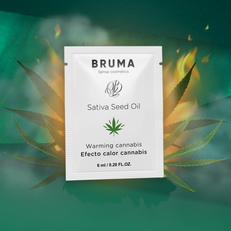 BRUMA Sativa Seed Oil Warming Cannabis Glide Gel 6ml with fiery background