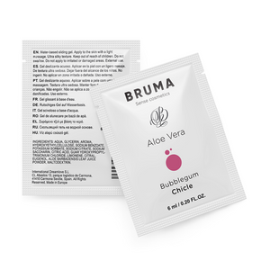 BRUMA Aloe Vera Sliding Gel 6ml with bubblegum flavor, intimate lubricant with natural properties, front and back packaging view.