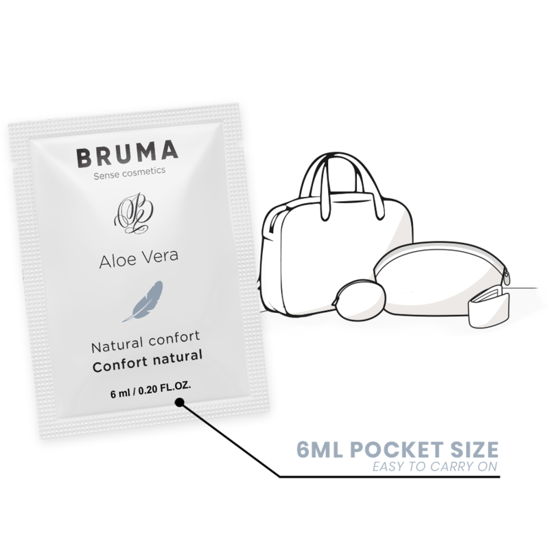 BRUMA 6ml Aloe Vera Sliding Gel package next to travel bag, highlighting its pocket size for easy transport and natural comfort.