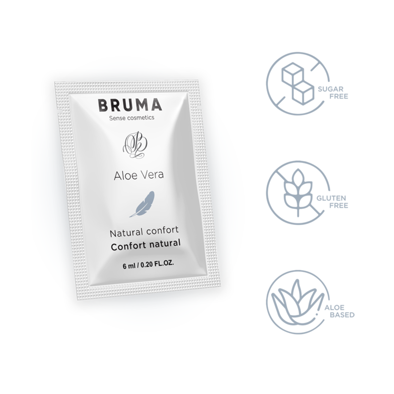 BRUMA Aloe Vera Sliding Gel 6 ml packet with icons for sugar-free, gluten-free, aloe-based formulation