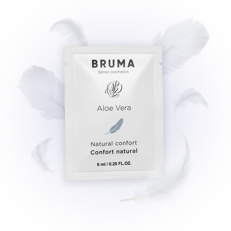 BRUMA Aloe Vera Sliding Gel 6ml sachet surrounded by soft white feathers, emphasizing natural comfort and sensual lubrication.