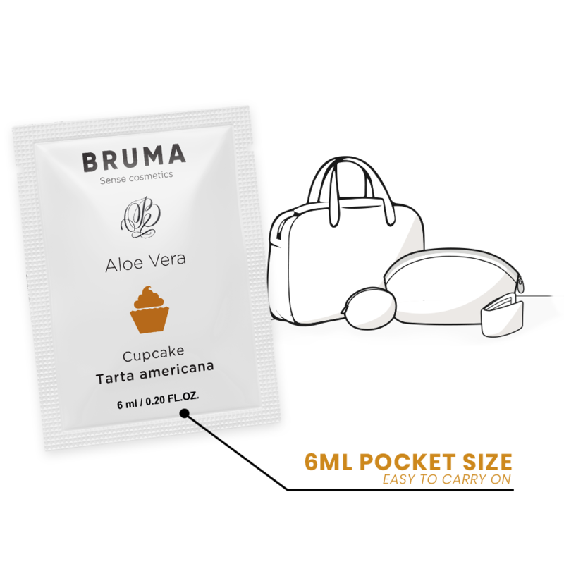 BRUMA Aloe Vera Sliding Gel Cupcake Flavor 6ml pack with travel-friendly illustration.