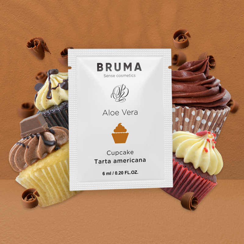 BRUMA Aloe Vera Sliding Gel 6ml Cupcake Flavor with colorful cupcakes background