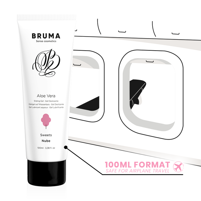 BRUMA Aloe Vera Sliding Gel Sweets Flavor 100ml bottle for intimate moments, safe for travel, enriched with aloe vera properties.
