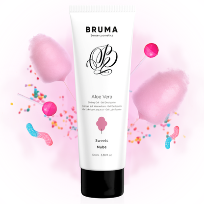 BRUMA Aloe Vera Sliding Gel 100ml with sweets flavor, perfect for smooth and sensual moments, enriched with aloe vera properties.