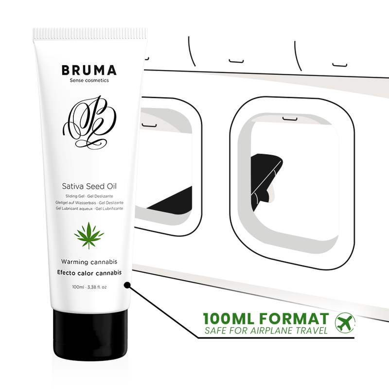 BRUMA Sativa Seed Oil sliding gel, 100ml, warming cannabis flavor for sensual experience, airplane travel-friendly packaging.
