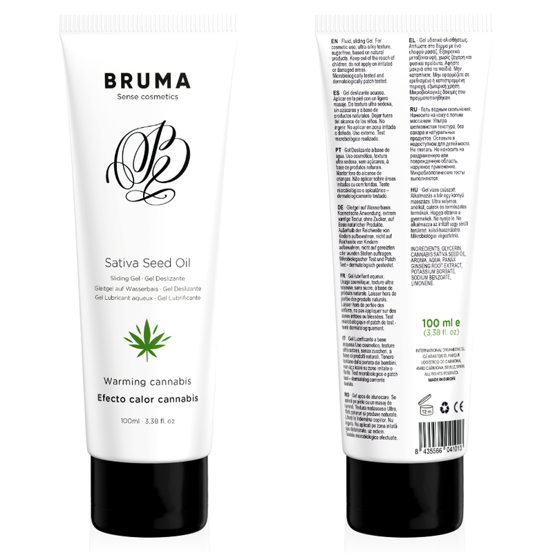 Front and back view of BRUMA Sativa Seed Oil Warming Cannabis Glide Gel, 100ml tube with product details and cannabis leaf design.