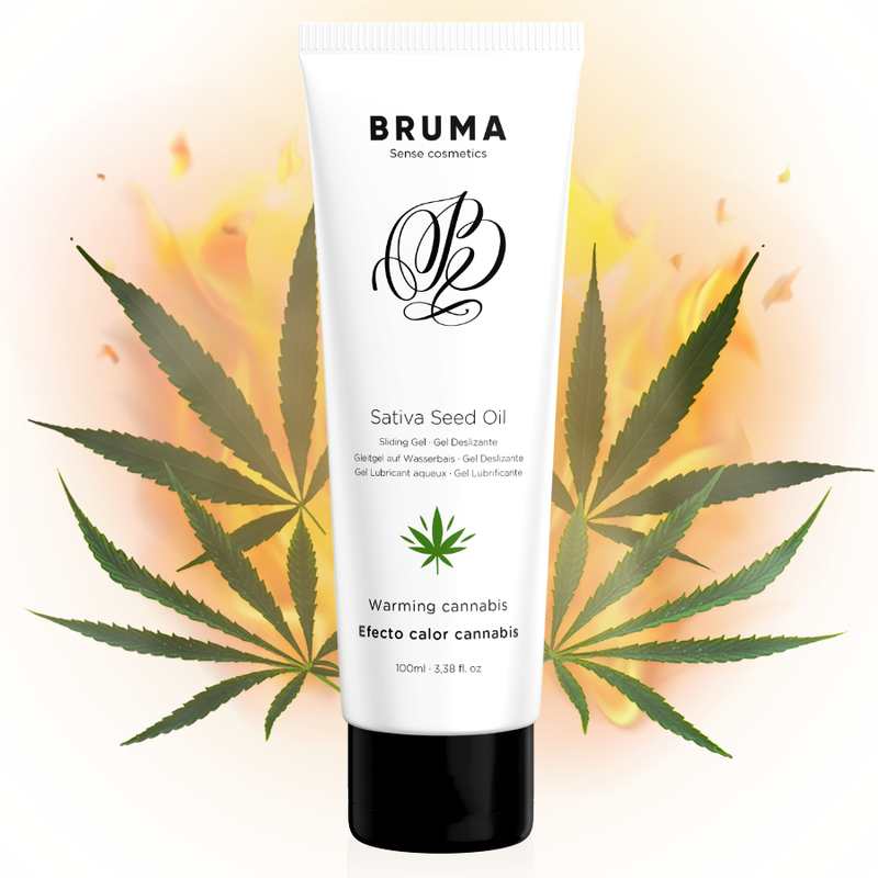 BRUMA Sativa Seed Oil Warming Gel 100ml with cannabis leaf design