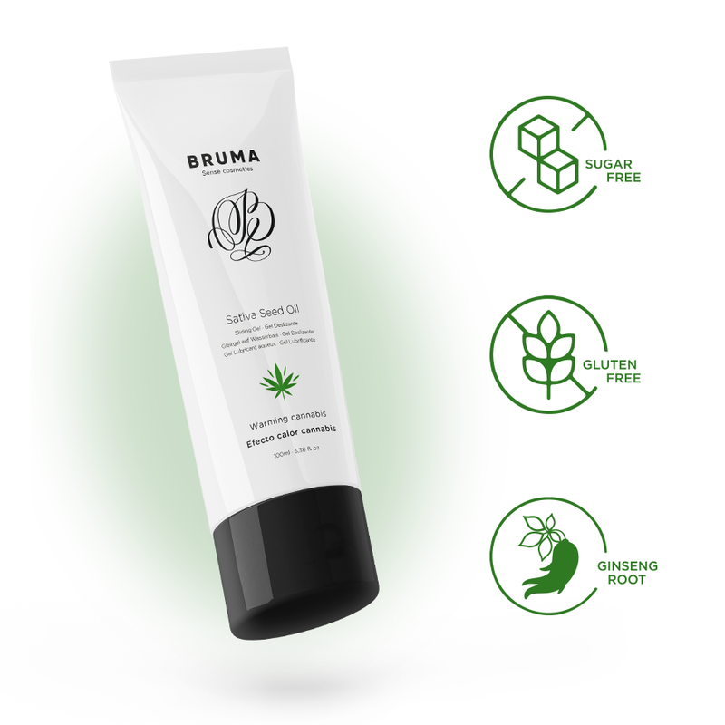 BRUMA Sativa Seed Oil Warming Gel, 100ml tube, sugar-free, gluten-free, with ginseng root, cannabis flavor.