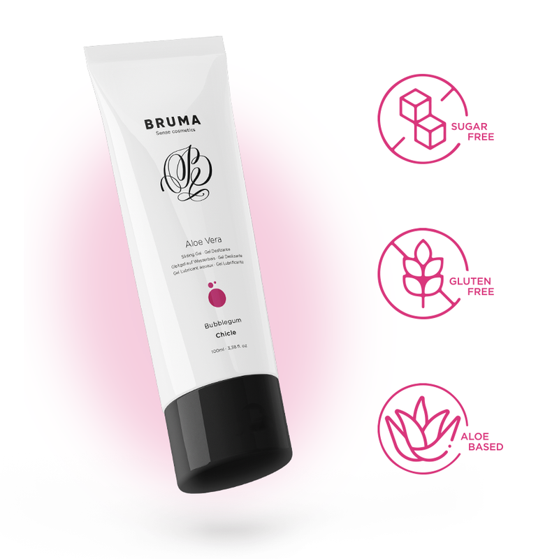 BRUMA Aloe Vera Sliding Gel Bubblegum Flavor 100ml, sugar-free, gluten-free, and aloe-based lubricant for intimacy.