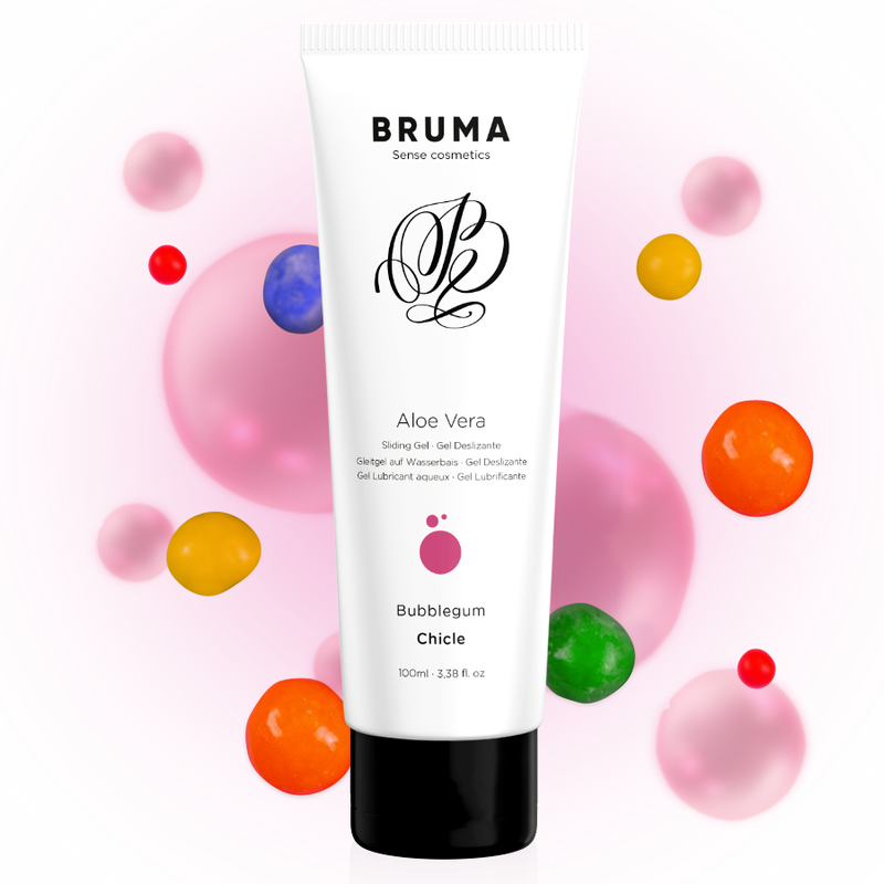 BRUMA Aloe Vera Sliding Gel Bubblegum Flavor 100ML with colorful bubbles, ideal for enhanced lubrication and intimate experience.