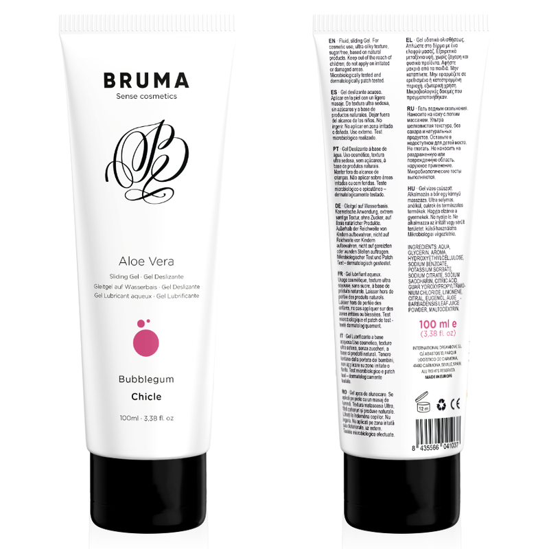 BRUMA Aloe Vera Sliding Gel with Bubblegum Flavor, 100ml tube, front and back view, for enhanced sensual moments.
