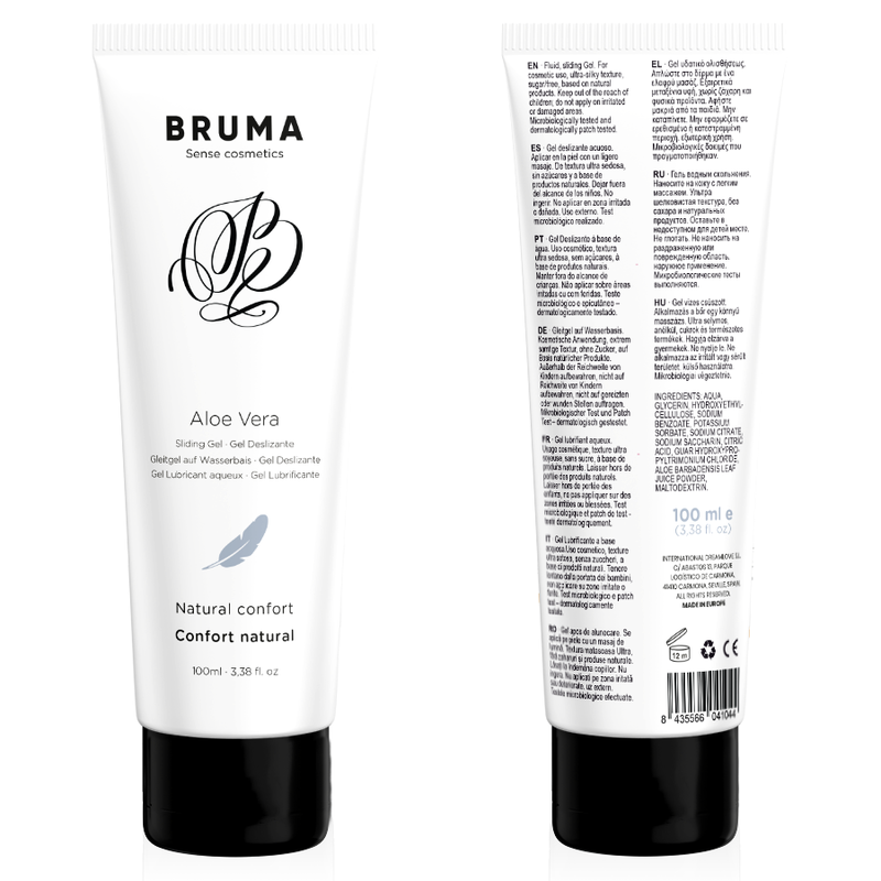 BRUMA Aloe Vera Sliding Gel 100ml tube front and back view highlighting natural comfort