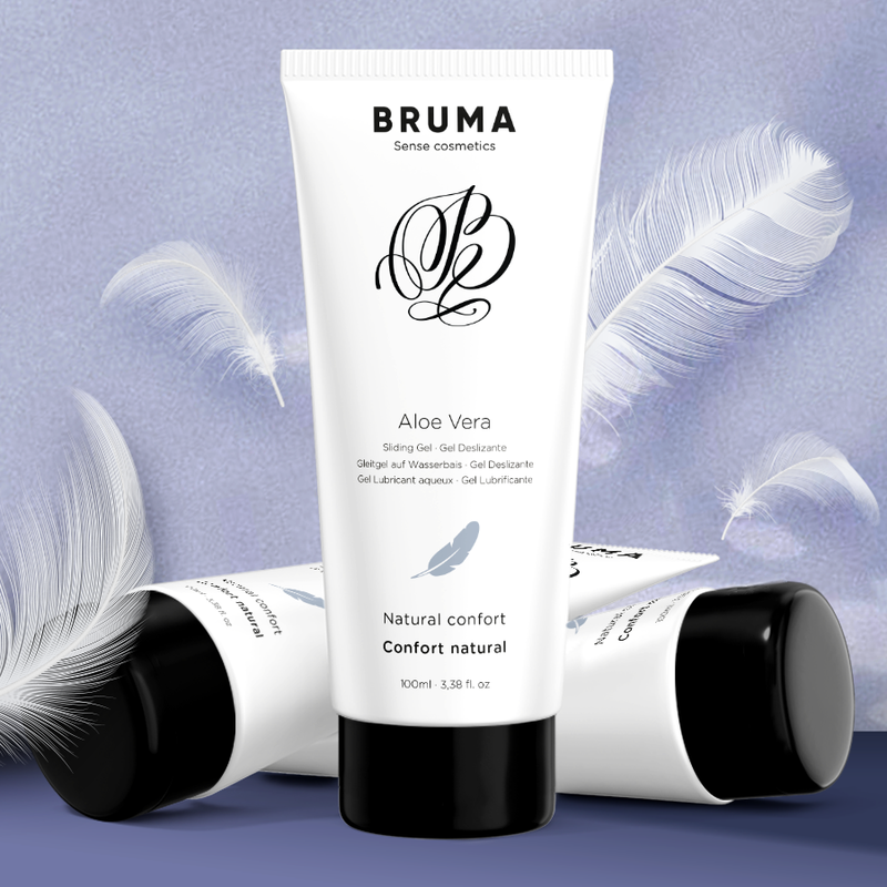 BRUMA Aloe Vera Sliding Gel 100ml tube with feathers, offering natural comfort and smooth lubrication for intimate moments.