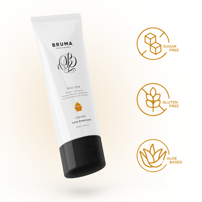BRUMA Aloe Vera Sliding Gel Cupcake Flavor 100ml, sugar-free, gluten-free, aloe-based lubricant for intimate moments.
