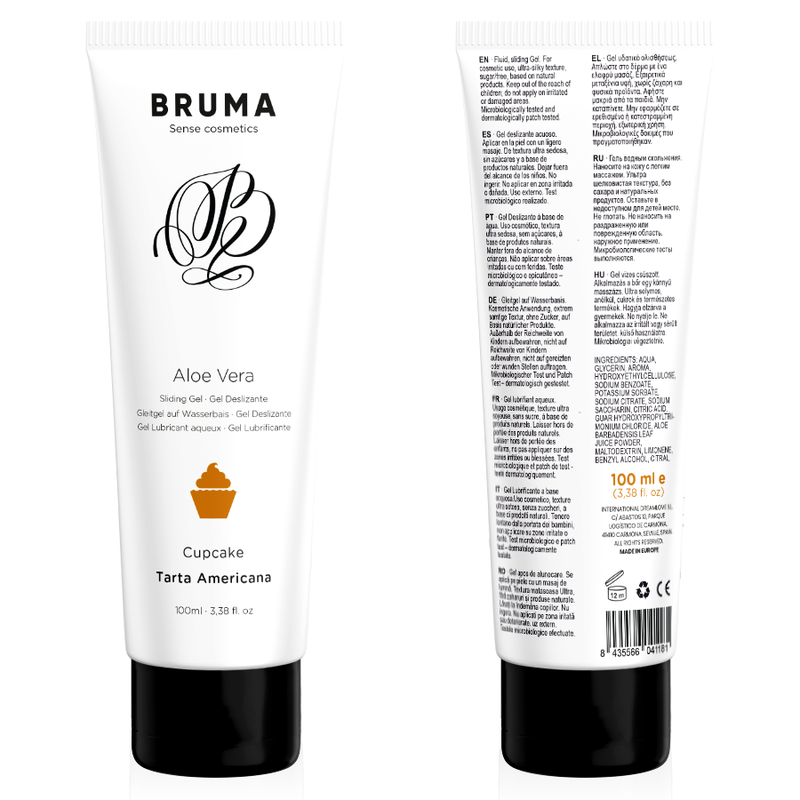 BRUMA Aloe Vera Glide Gel Cupcake Flavor 100ml tube, showcasing front and back view of packaging.